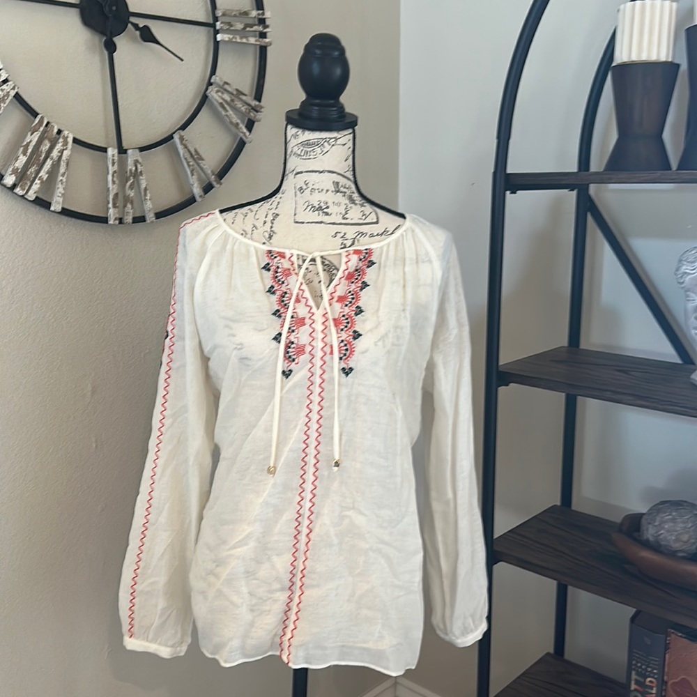THML sheer cream tunic with gorgeous embroidery down front & sleeves & tie neck